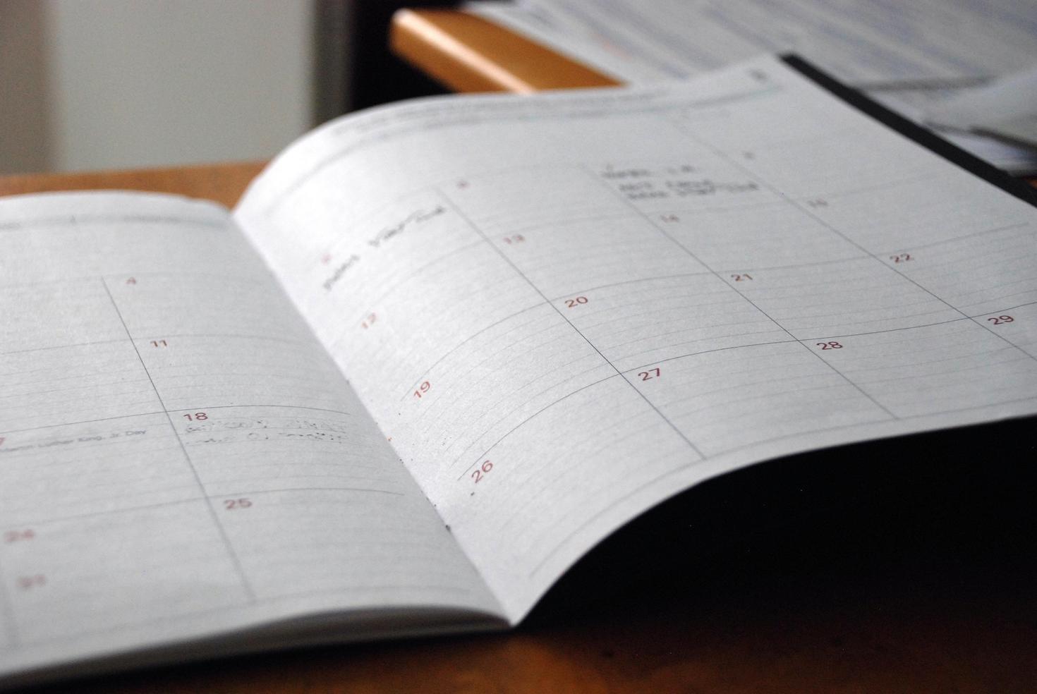Page ouverte d'un calendrier