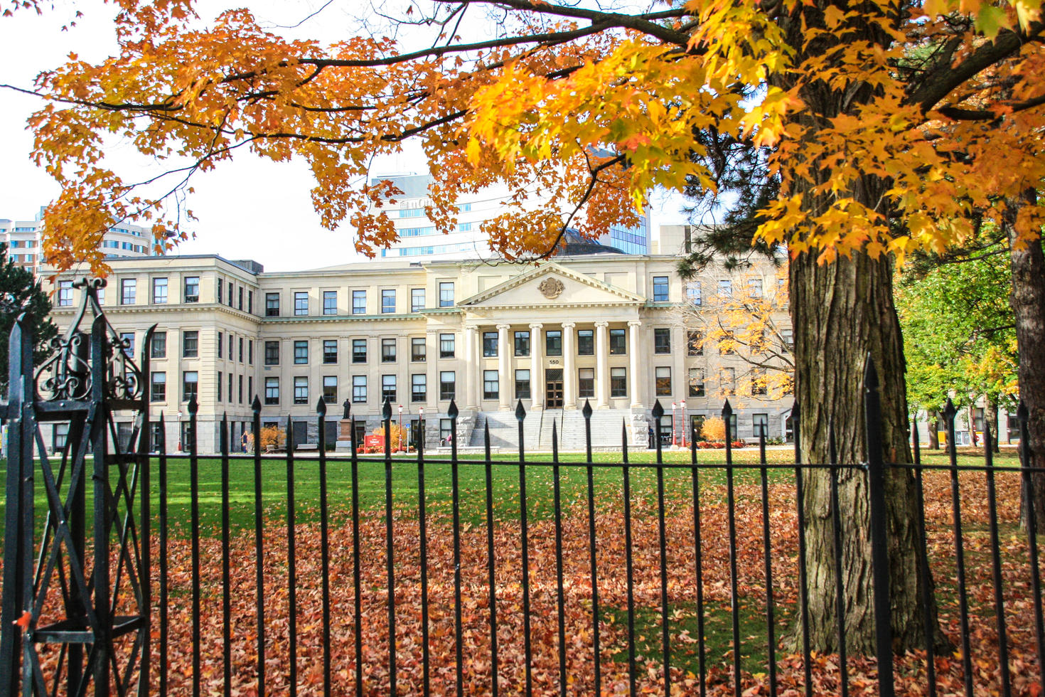 Pavillon Tabaret et son parterre à l’automne, avec une clôture métallique noire en avant-plan